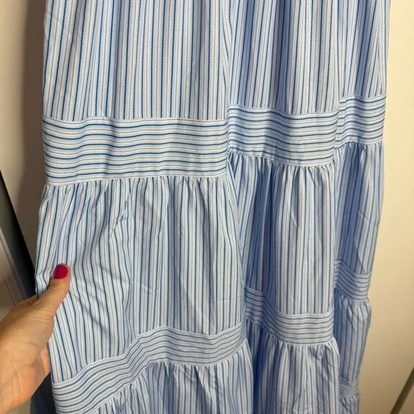 Commense Pinstripe Shirred Backless Long Cami Dress Smocked Blue White NWT Small - Picture 6 of 12